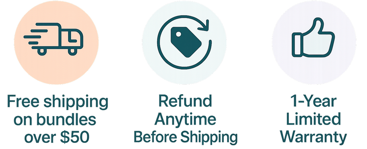 Free shipping on bundles over $50, Refund anytime before shipping, 1-Year limited warranty